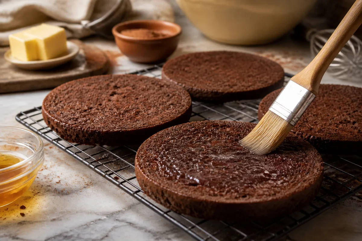Disques de génoise au cacao imbibés au pinceau sur une grille