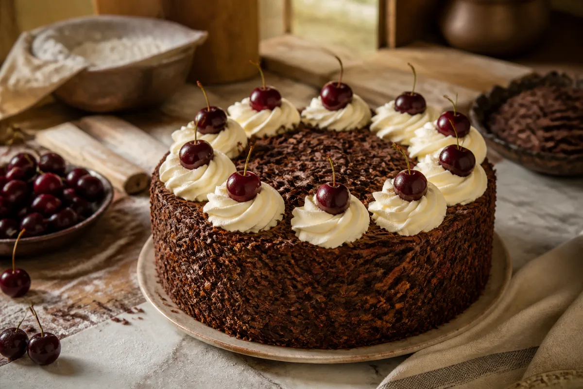 Forêt noire montée, copeaux de chocolat et griottes en décor