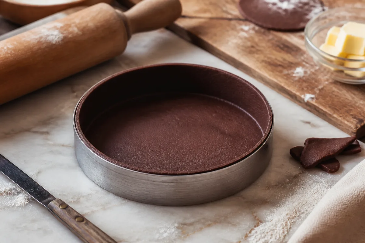 Fond de pâte sucrée foncé dans un cercle à tartelette avant cuisson à blanc
