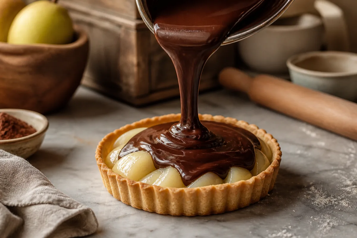 Ganache au chocolat noir lisse versée sur un fond de tartelette garni de poires