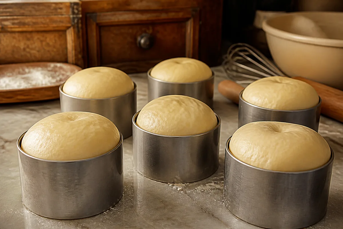 Pâte à baba levée dans des moules cylindriques avant cuisson