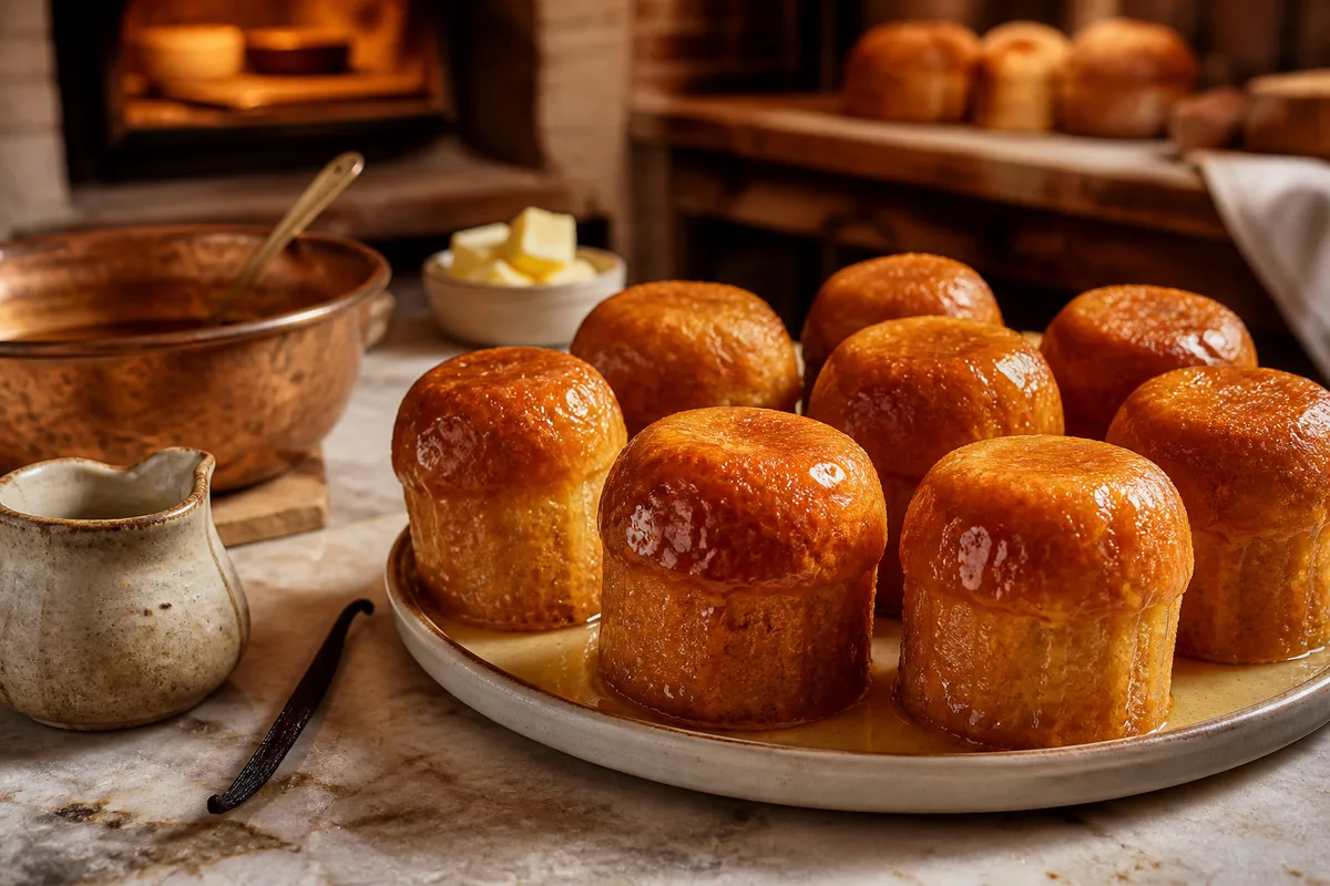 Babas plongés dans un sirop parfumé au rhum et à la vanille
