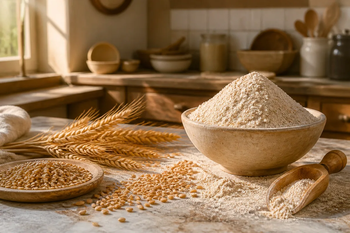 Farine complète et grains de blé posés sur un plan de travail fariné