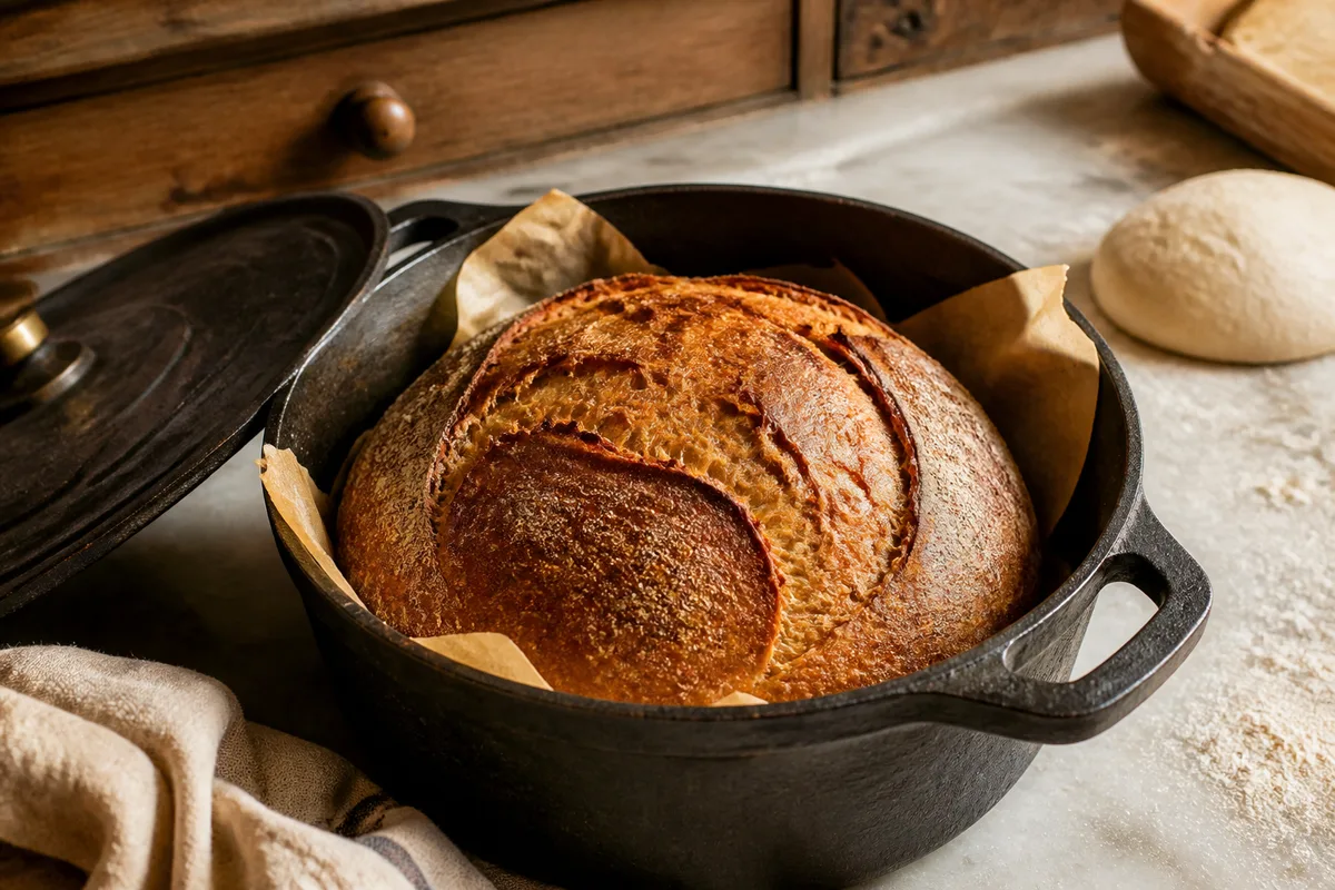 Pain complet cuit en cocotte, croûte grignée et bien colorée