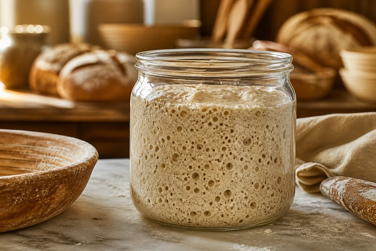 Levain de seigle actif dans un bocal, bulles visibles en surface