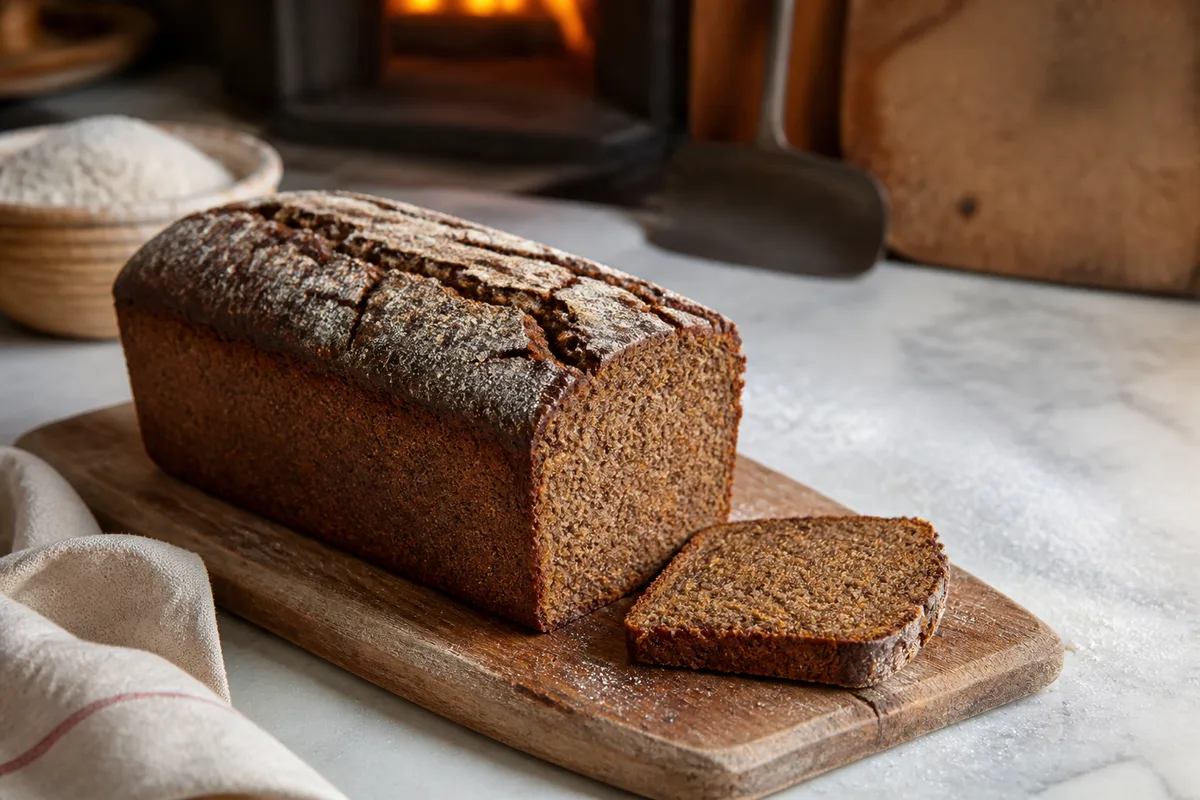 Pain de seigle cuit en moule, croûte farinée et craquelée