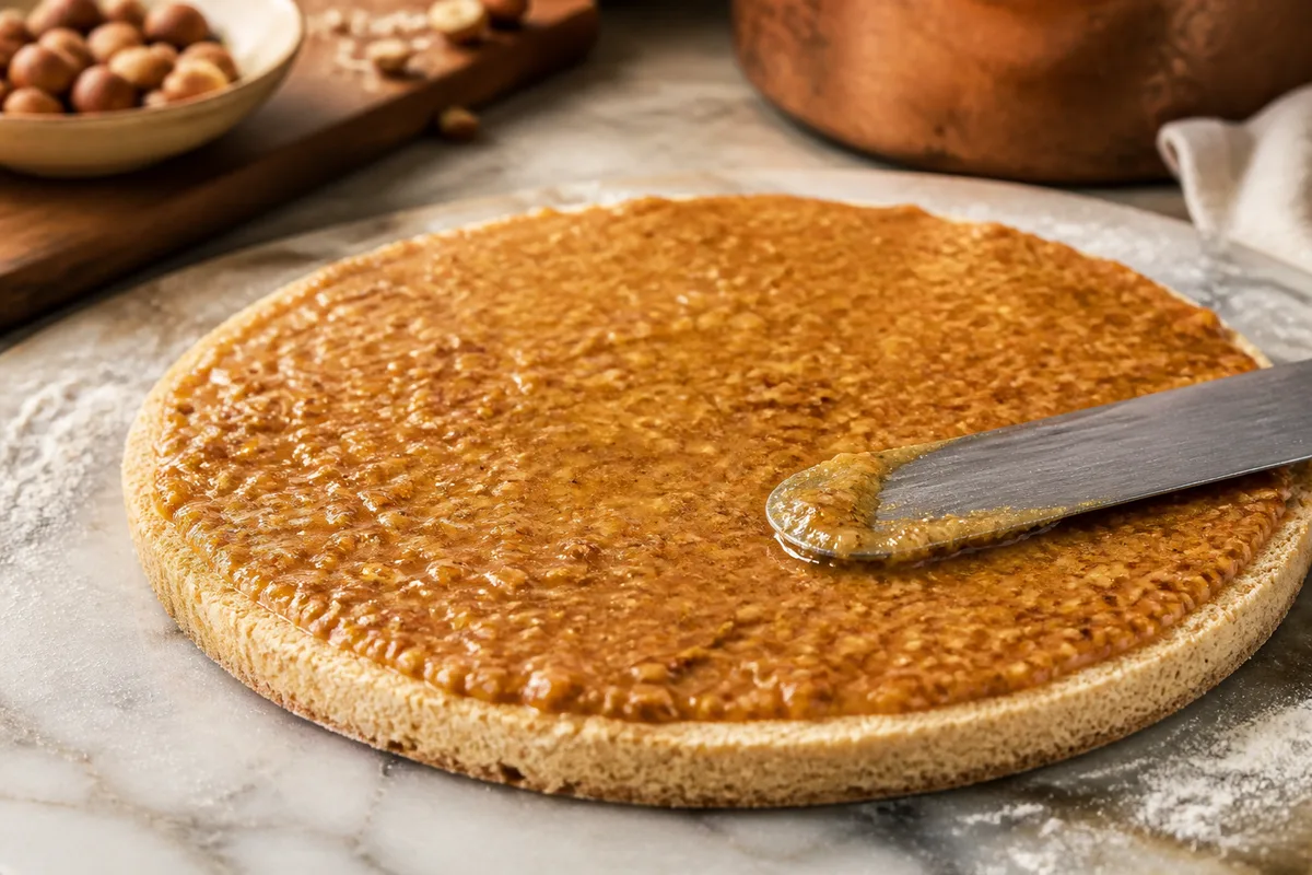 Croustillant praliné étalé en couche fine sur un disque de dacquoise