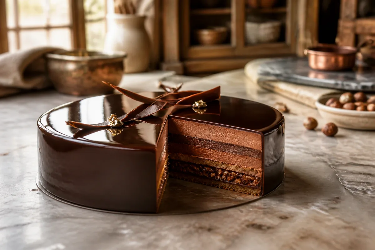 Royal chocolat glacé au miroir, découpe nette montrant les couches