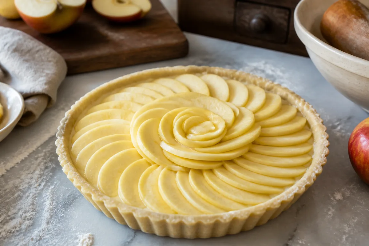 Rondelles de pomme disposées en rosace sur un fond de tartelette cru