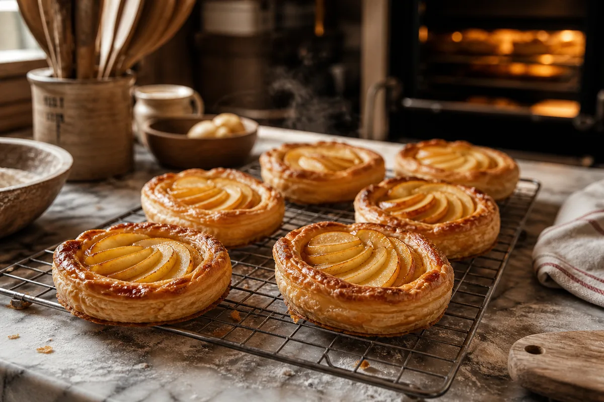 Tartelettes aux pommes dorées sortant du four sur une grille de refroidissement